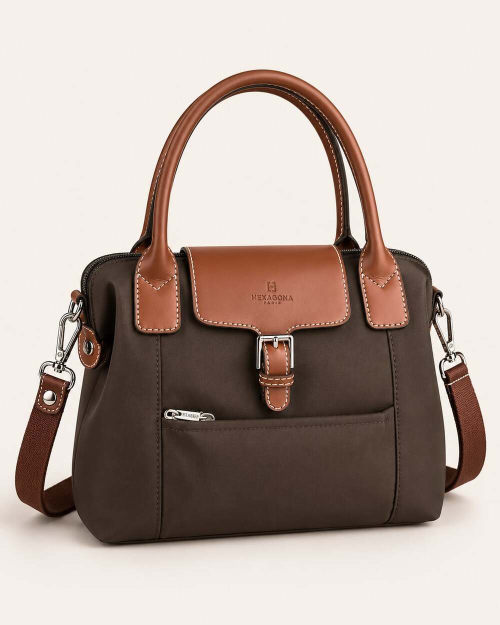 Hexagona Paris Brown Nylon and Leather Trimmed Satchel Handbag